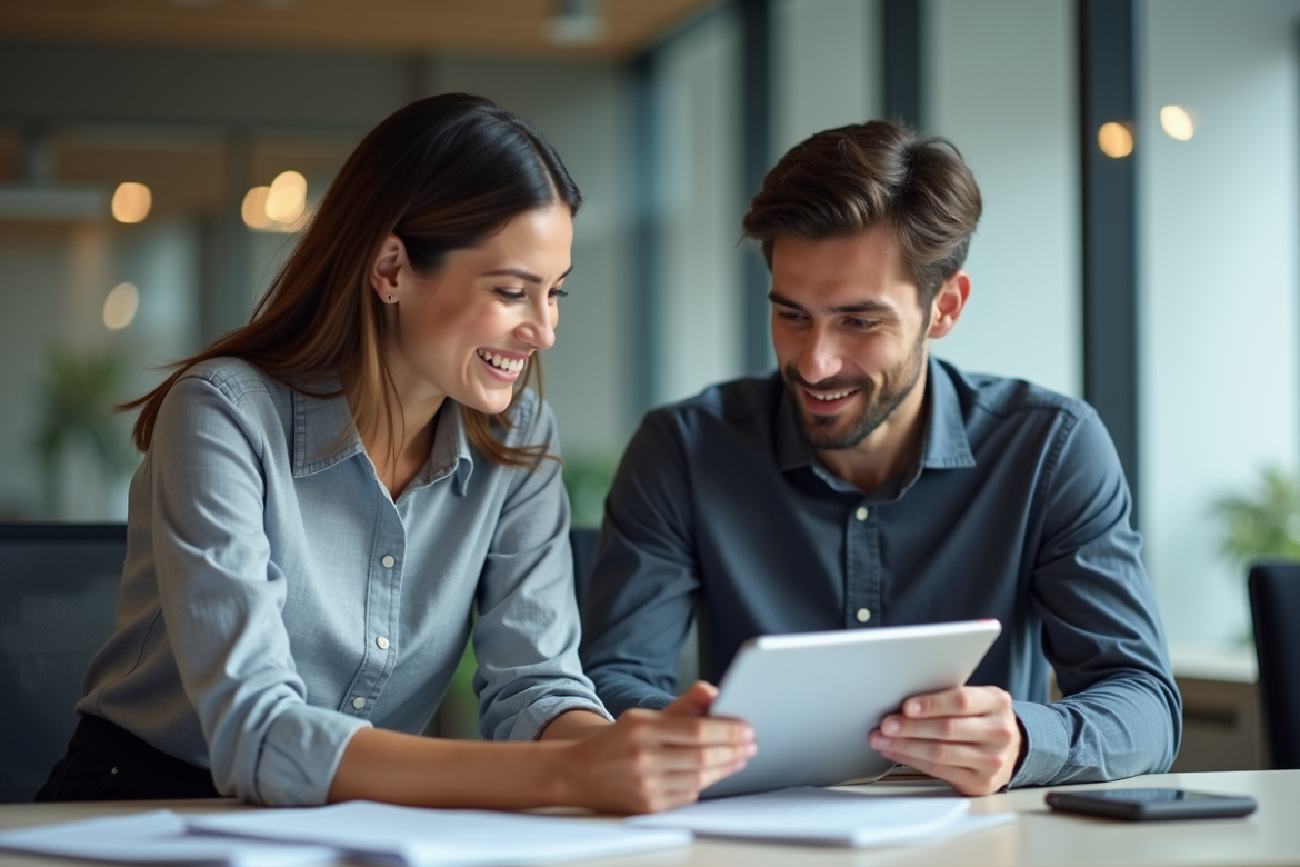 Femme en réunion guidant un collègue dans un bureau moderne