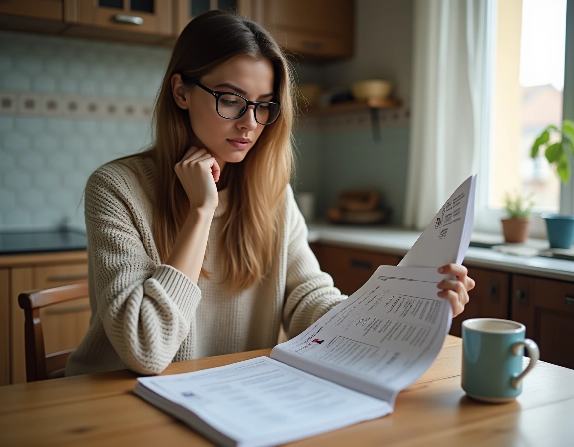 Femme comparant les documents du permis A2 et du permis B à une table de cuisine, réflexion sur le bon plan ou le piège