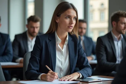 Femme professionnelle prenant des notes lors d'une conférence sur la reconversion digitale à Paris