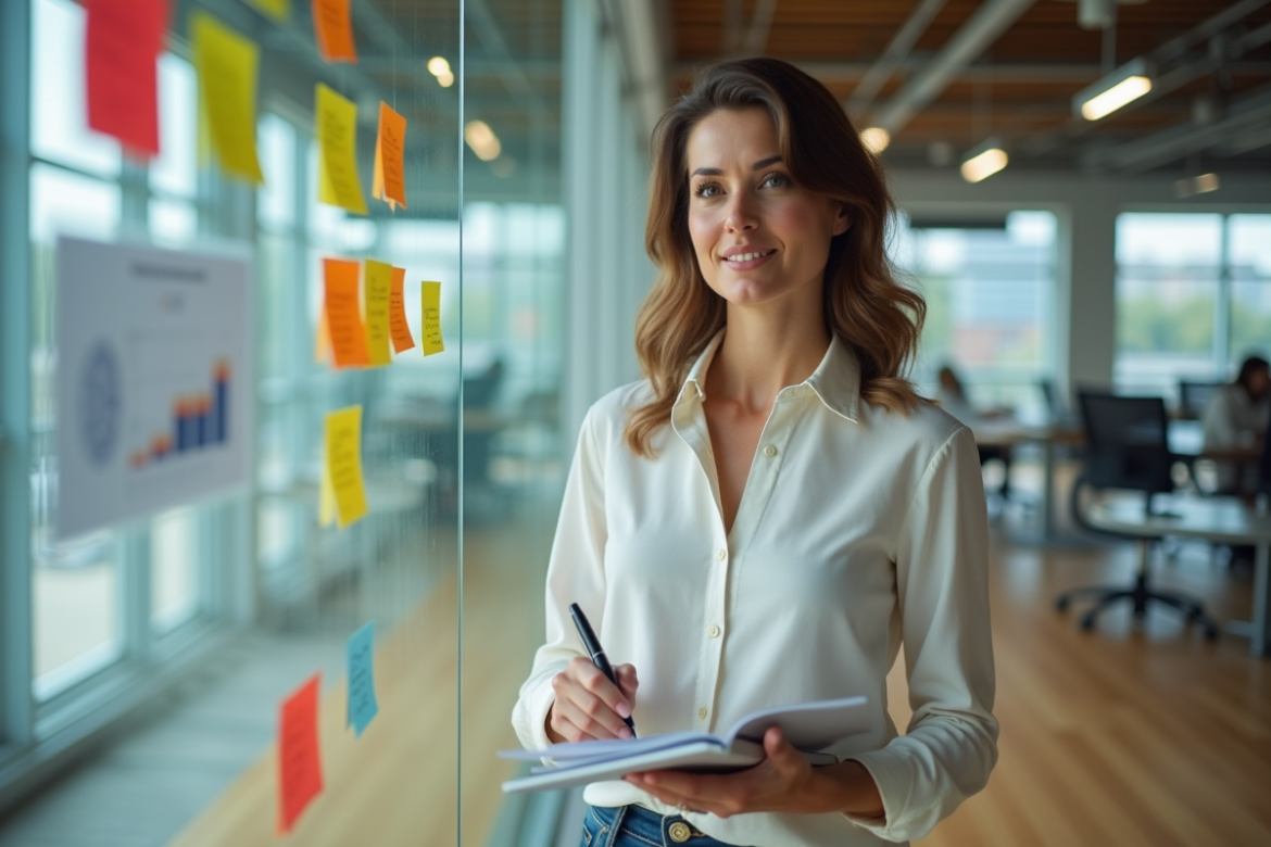 Femme confiante en bureau moderne avec notes et graphiques