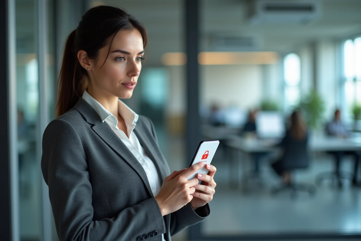 Femme en blazer consultant une erreur de connexion sur l'application mobile UBS ENT