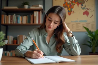 Jeune femme espagnole écrit la lettre ñ au bureau
