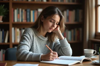 Femme étudiant la grammaire française avec un manuel ouvert sur les verbes du 2ème groupe à son bureau