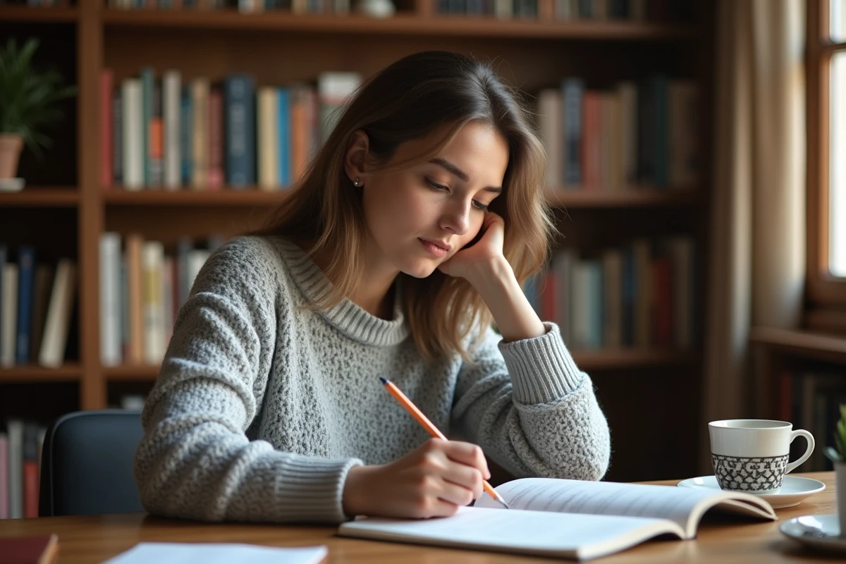 Femme étudiant la grammaire française avec un manuel ouvert sur les verbes du 2ème groupe à son bureau