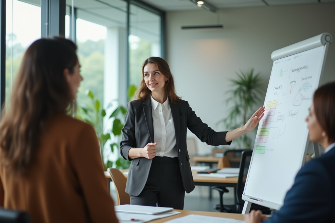 Femme en réunion dans un bureau moderne expliquant des concepts