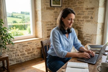 Femme concentrée dans son bureau lumineux en Normandie