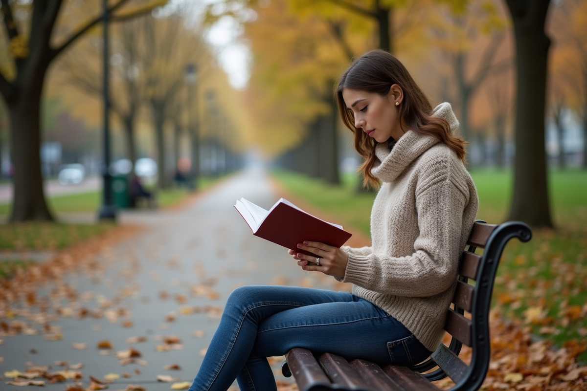 Femme lisant un livre CFA dans un parc en automne
