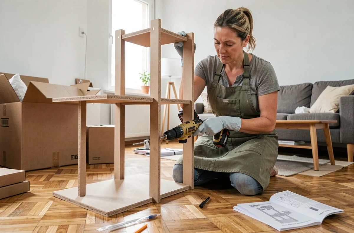 Femme assemblant une étagère avec une perceuse sans fil dans un appartement, apprentissage bricolage