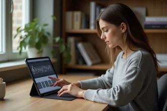 Femme jouant sur un piano virtuel sur tablette depuis un bureau en bois avec partitions en arrière-plan