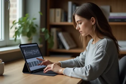Femme jouant sur un piano virtuel sur tablette depuis un bureau en bois avec partitions en arrière-plan