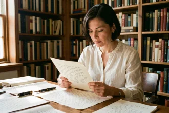 Femme poète relisant une strophe de six vers manuscrite à son bureau en bois entouré de livres de poésie