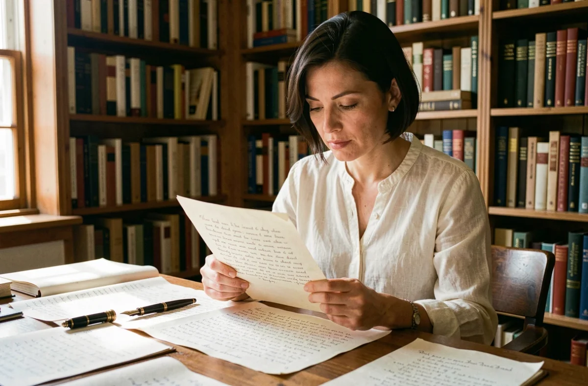 Femme poète relisant une strophe de six vers manuscrite à son bureau en bois entouré de livres de poésie