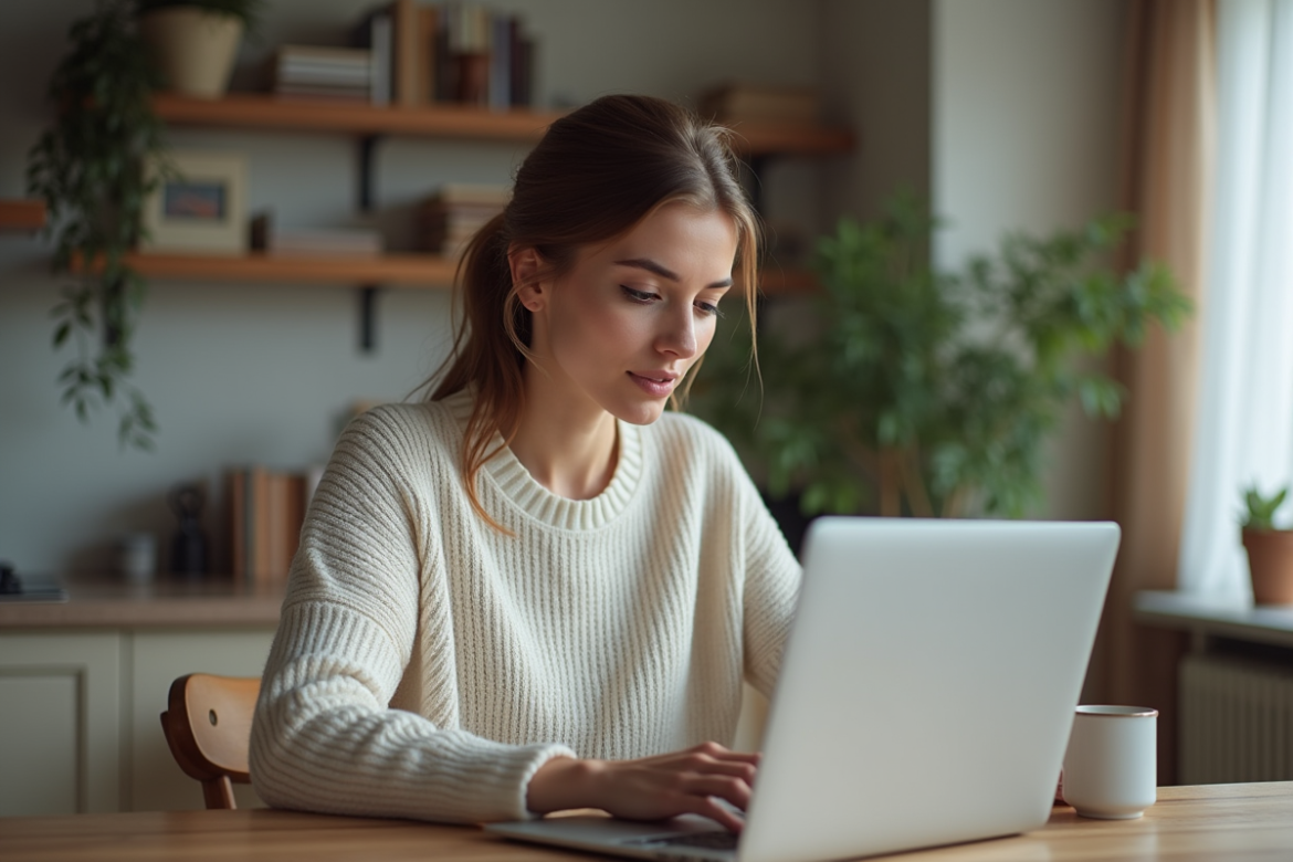 Femme prenant des notes sur un ordinateur portable à la maison