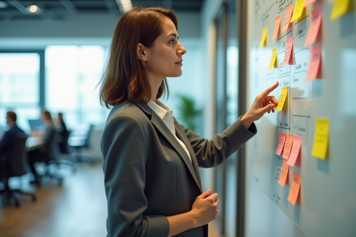 Jeune femme expliquant un diagramme avec des notes colorées