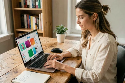 Femme en reconversion professionnelle apprenant le design graphique sur Canva depuis son bureau à domicile