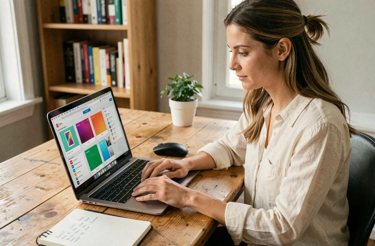 Femme en reconversion professionnelle apprenant le design graphique sur Canva depuis son bureau à domicile