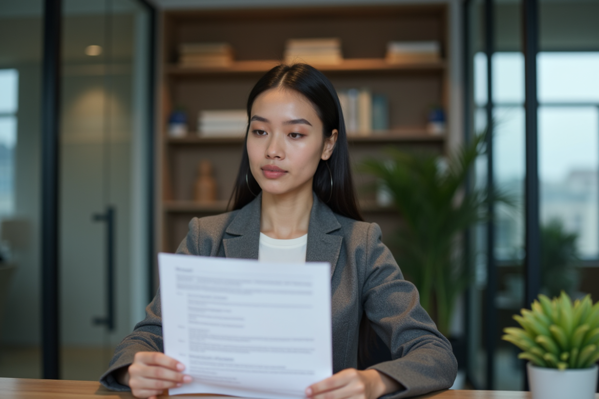 Femme en blazer examinant un CV dans un bureau moderne