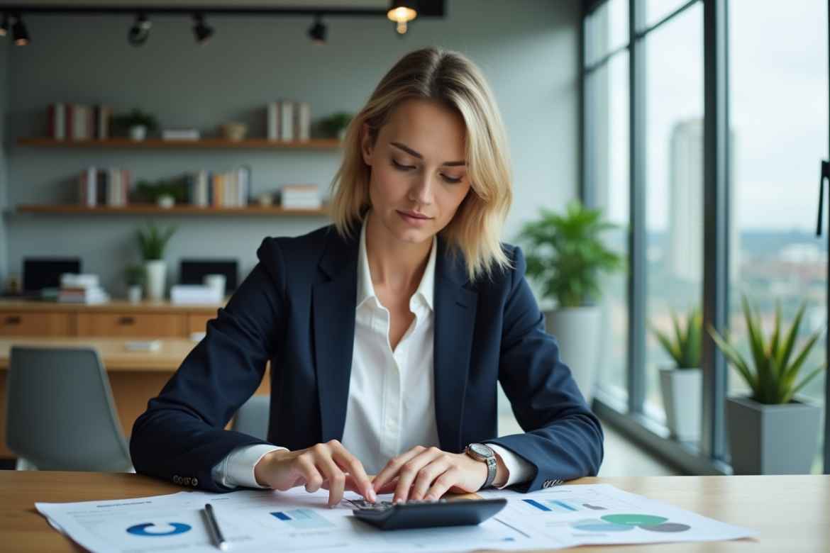 Femme en blazer navy examine des rapports financiers dans un bureau lumineux