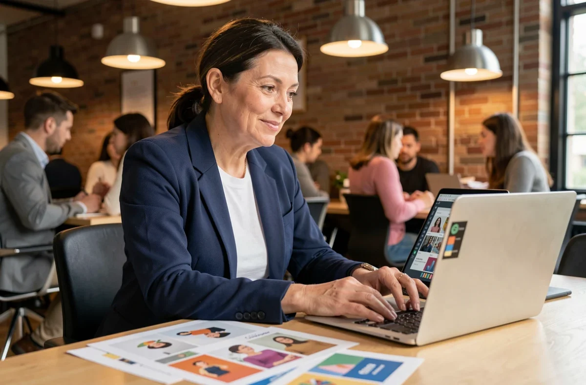 Femme en transition professionnelle présentant ses créations Canva dans un espace de coworking