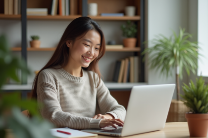 Jeune femme souriante travaillant sur son ordinateur à la maison