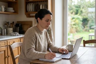 Femme concentrée travaillant sur son ordinateur à la maison