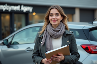 Femme avec dossier et voiture compacte dans un parking moderne