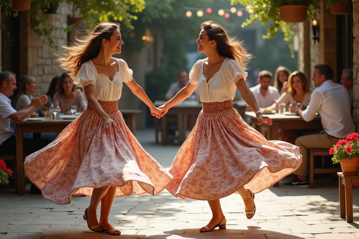 Deux jeunes femmes riant en dansant le sirtaki dans une cour grecque