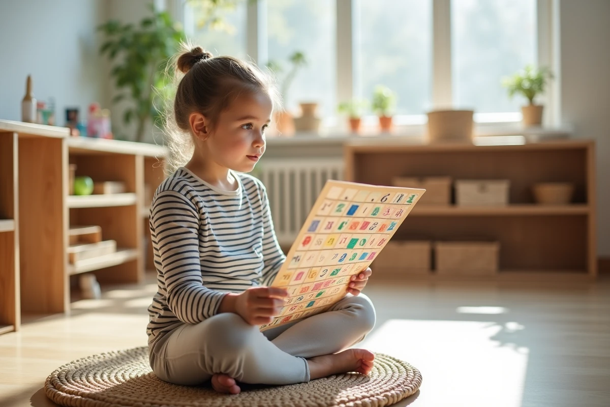 Jeune fille étudiant une grille de multiplication Montessori en couleurs dans une salle de classe lumineuse