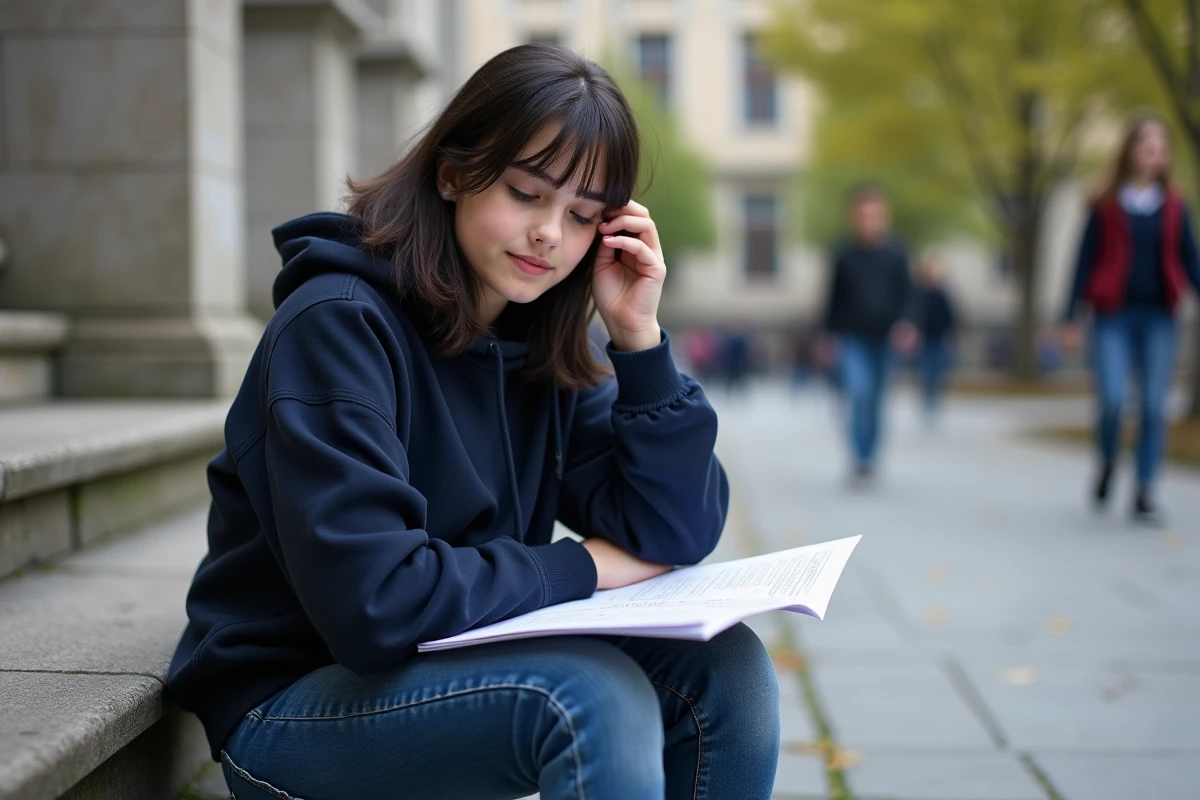 Fille réfléchissant avec examen sur les escaliers extérieurs