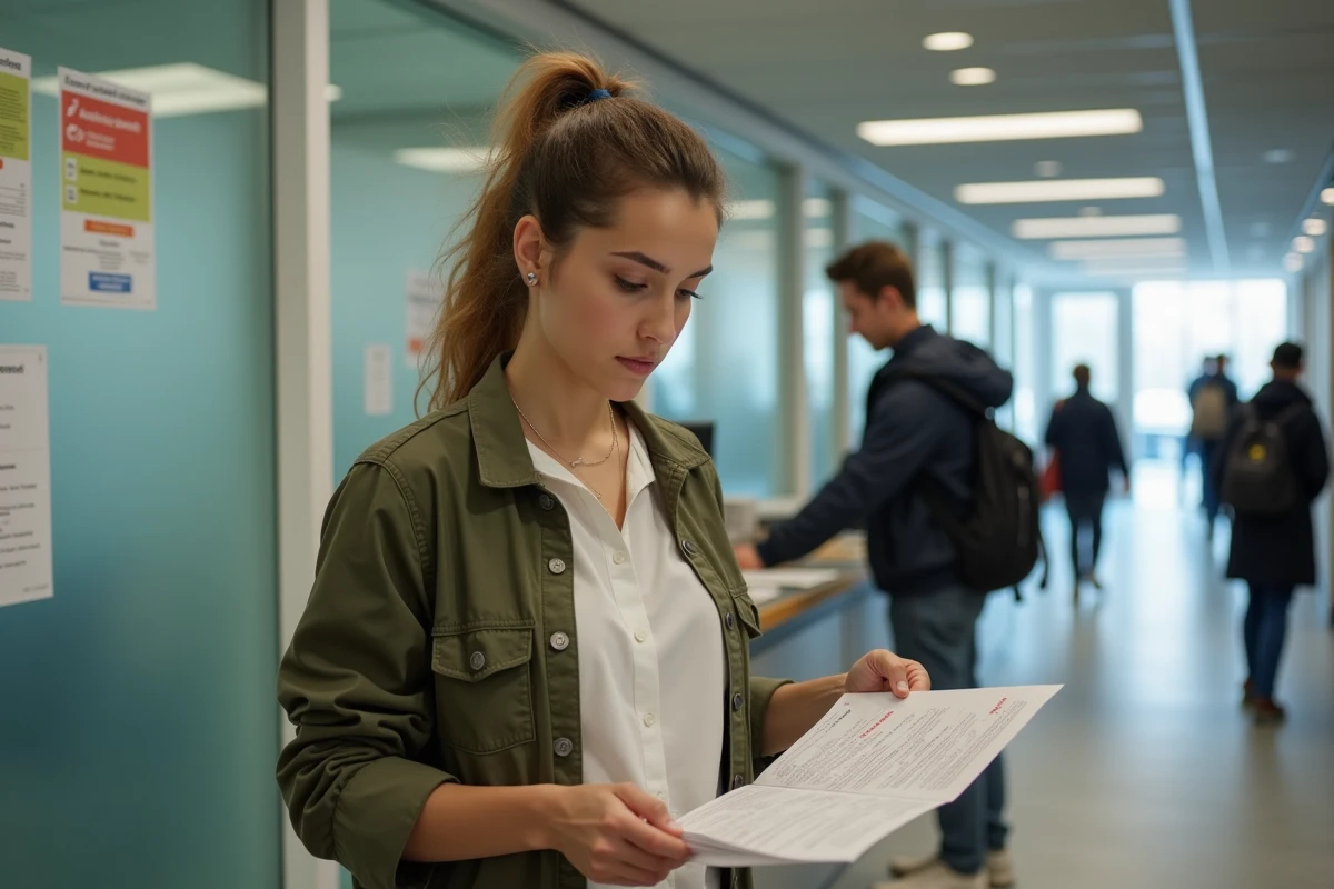 Étudiante en ostéopathie se renseignant sur les financements et aides disponibles auprès d'un service administratif universitaire