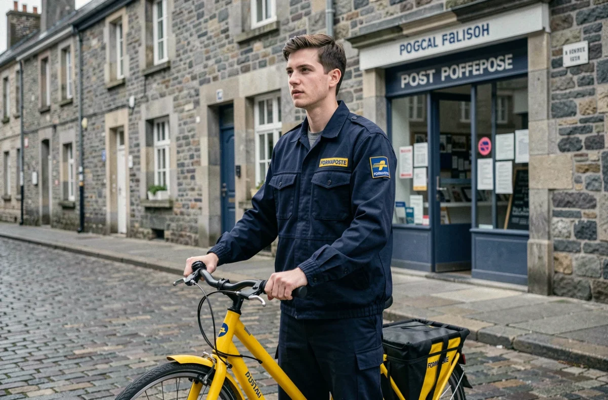 Apprenti Formaposte Grand Ouest en uniforme postal devant une rue pavée d'une ville bretonne