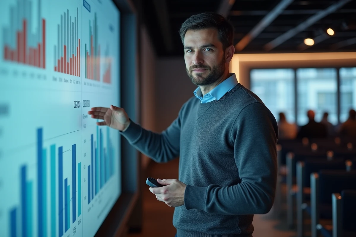 Formateur expert en marketing digital présentant des données lors d'une conférence de reconversion professionnelle à Paris
