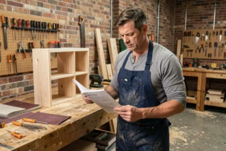 Un homme consulte un livret de formation bricolage dans un atelier domestique équipé d'outils et d'un établi en bois
