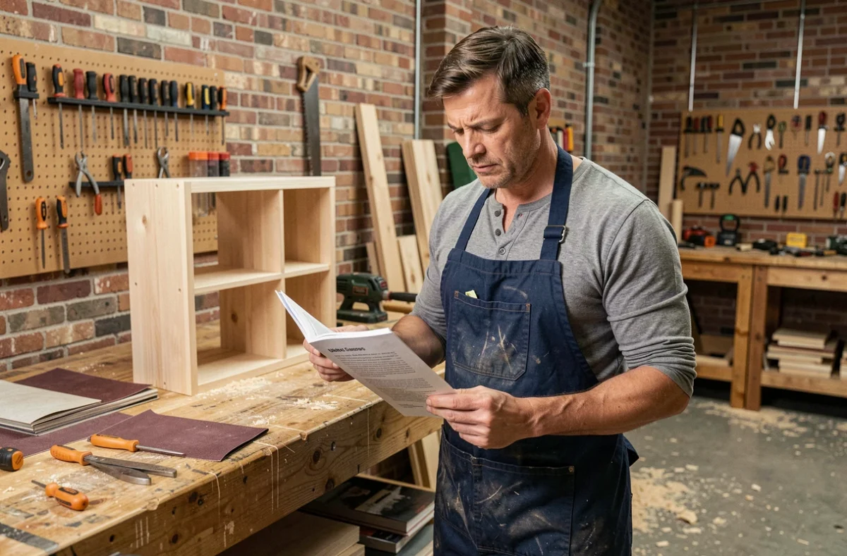 Un homme consulte un livret de formation bricolage dans un atelier domestique équipé d'outils et d'un établi en bois