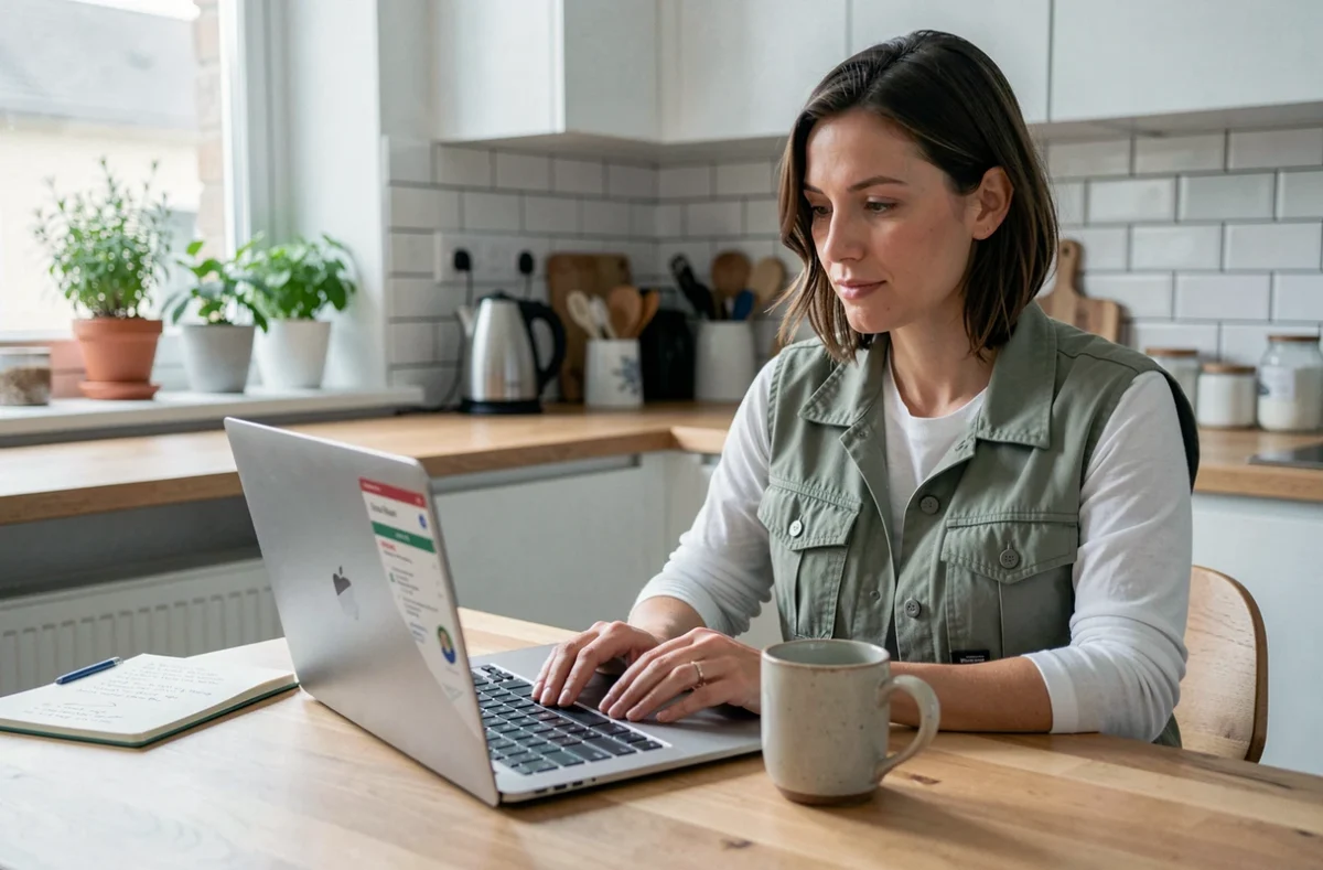 Une femme consulte une plateforme de formation bricolage en ligne sur son ordinateur portable dans une cuisine moderne