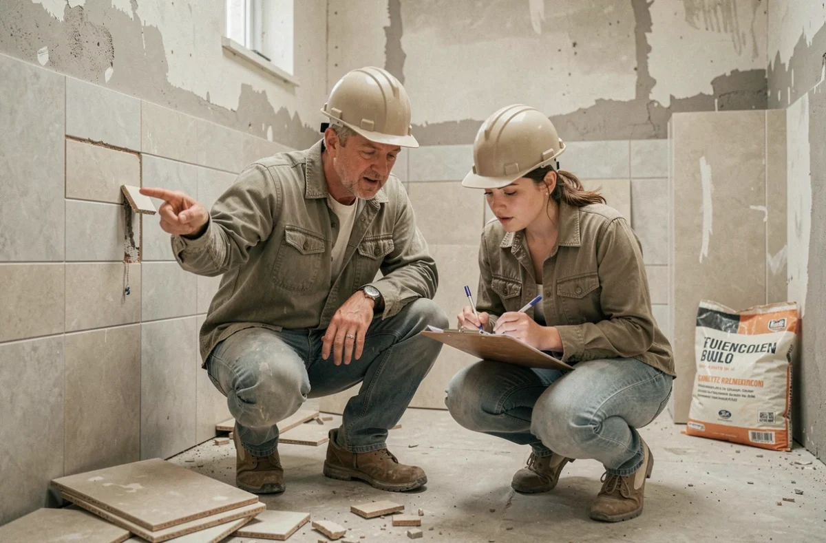 Deux adultes en formation pratique de carrelage examinent l'alignement des carreaux lors d'une rénovation de salle de bain