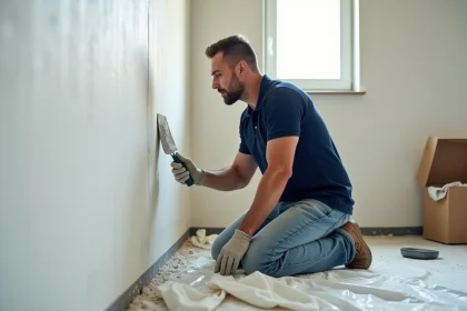 Stagiaire en formation bricolage pratiquant l'application d'enduit sur cloison lors d'un cours CPF Académie du Bricolage