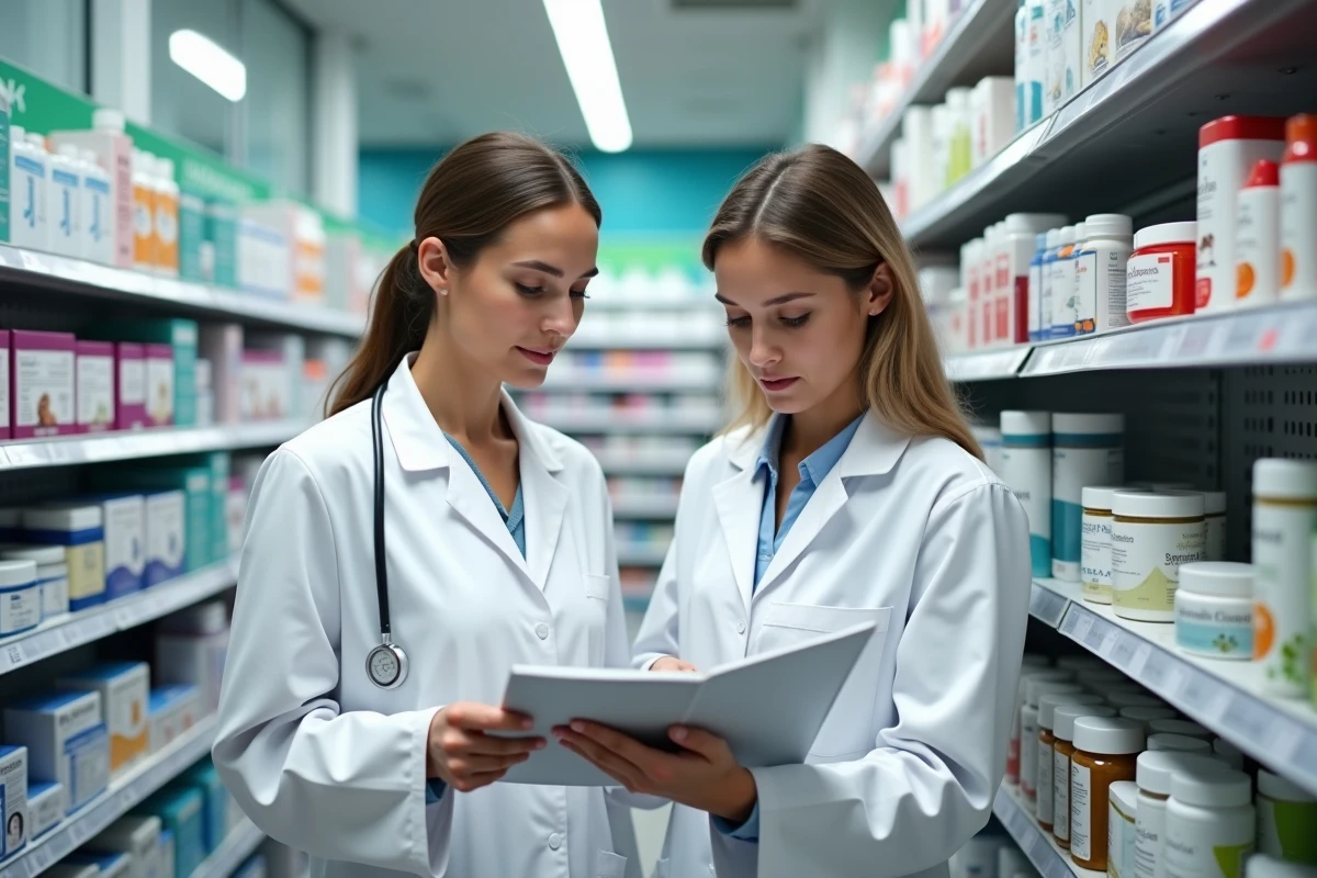 Deux parapharmaciens discutent d'une brochure produit dans un rayon de parapharmacie, illustrant la formation et l'évolution professionnelle
