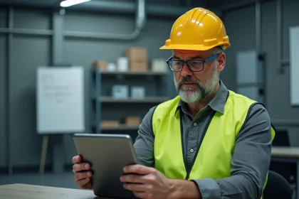 Électricien en formation habilitation électrique sur tablette numérique avec le logiciel Habilec7 dans une salle industrielle