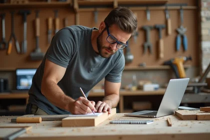 Stagiaire en formation menuiserie travaillant sur un établi dans un atelier artisanal tout en consultant un cours en ligne sur son ordinateur portable