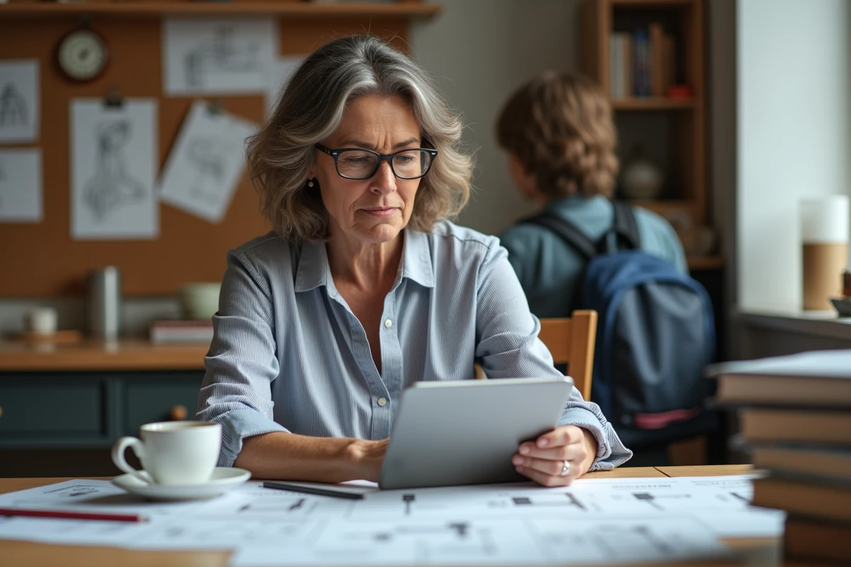 Femme adulte suivant un cours de formation menuiserie en ligne à la table de cuisine familiale, conciliant apprentissage et vie de famille