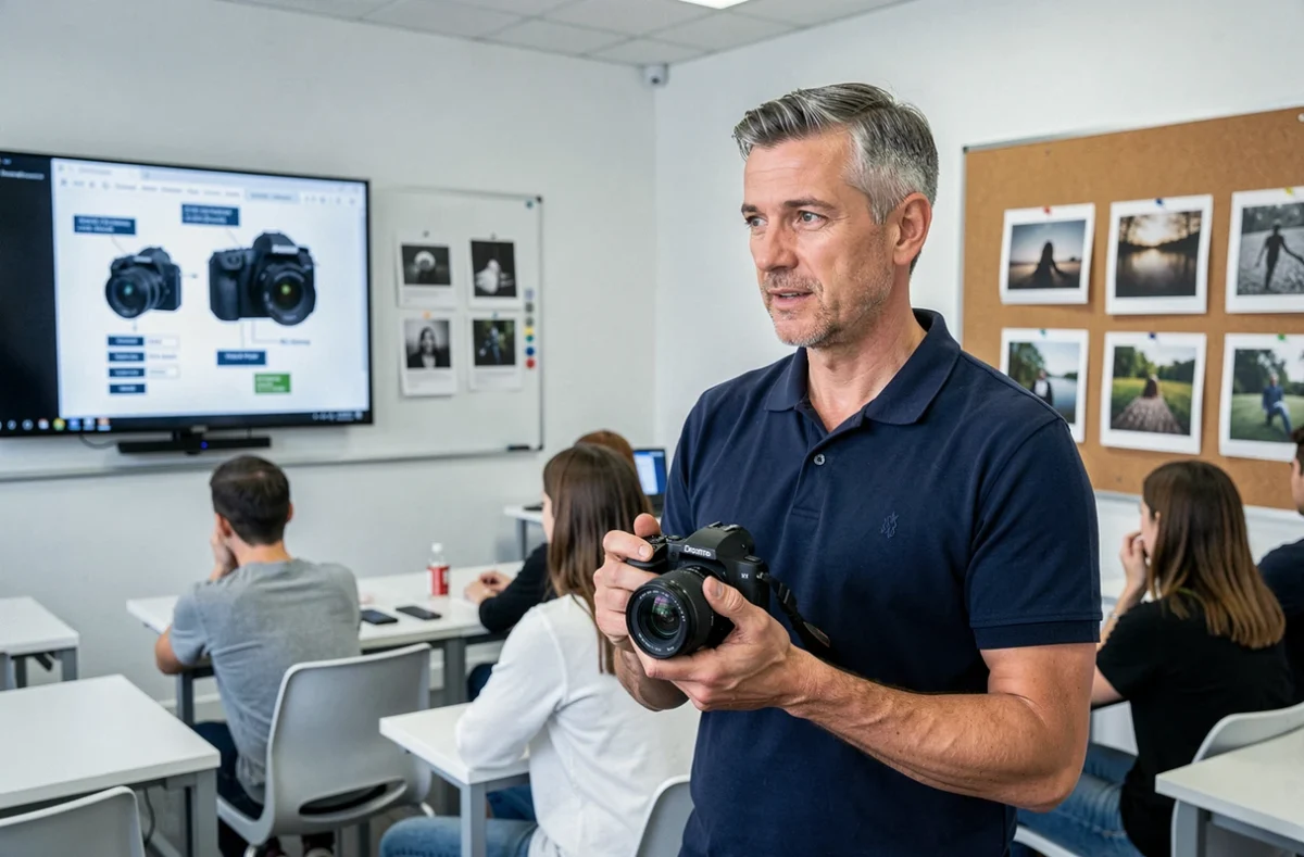 Homme en cours de photographie en groupe observant des réglages d'appareil photo projetés sur écran dans une salle de formation moderne