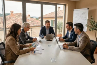 Groupe de professionnels adultes en formation dans un centre moderne en Provence-Alpes-Côte d'Azur