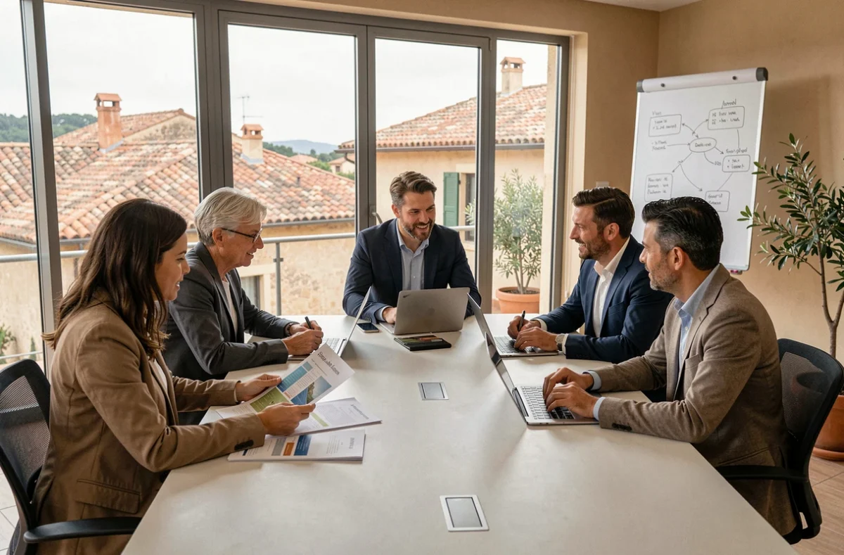 Groupe de professionnels adultes en formation dans un centre moderne en Provence-Alpes-Côte d'Azur