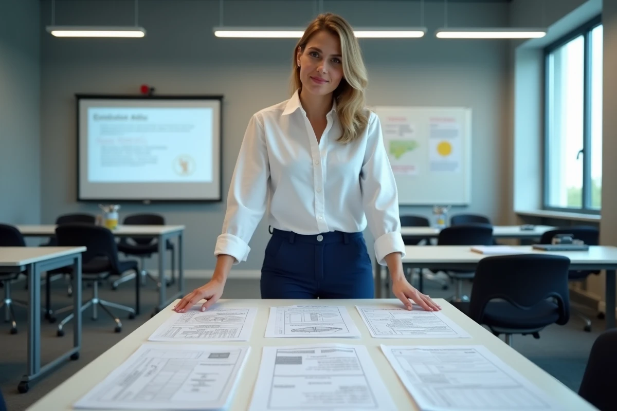 Formatrice présentant des supports papier pour la formation à l'habilitation électrique dans une salle de cours professionnelle