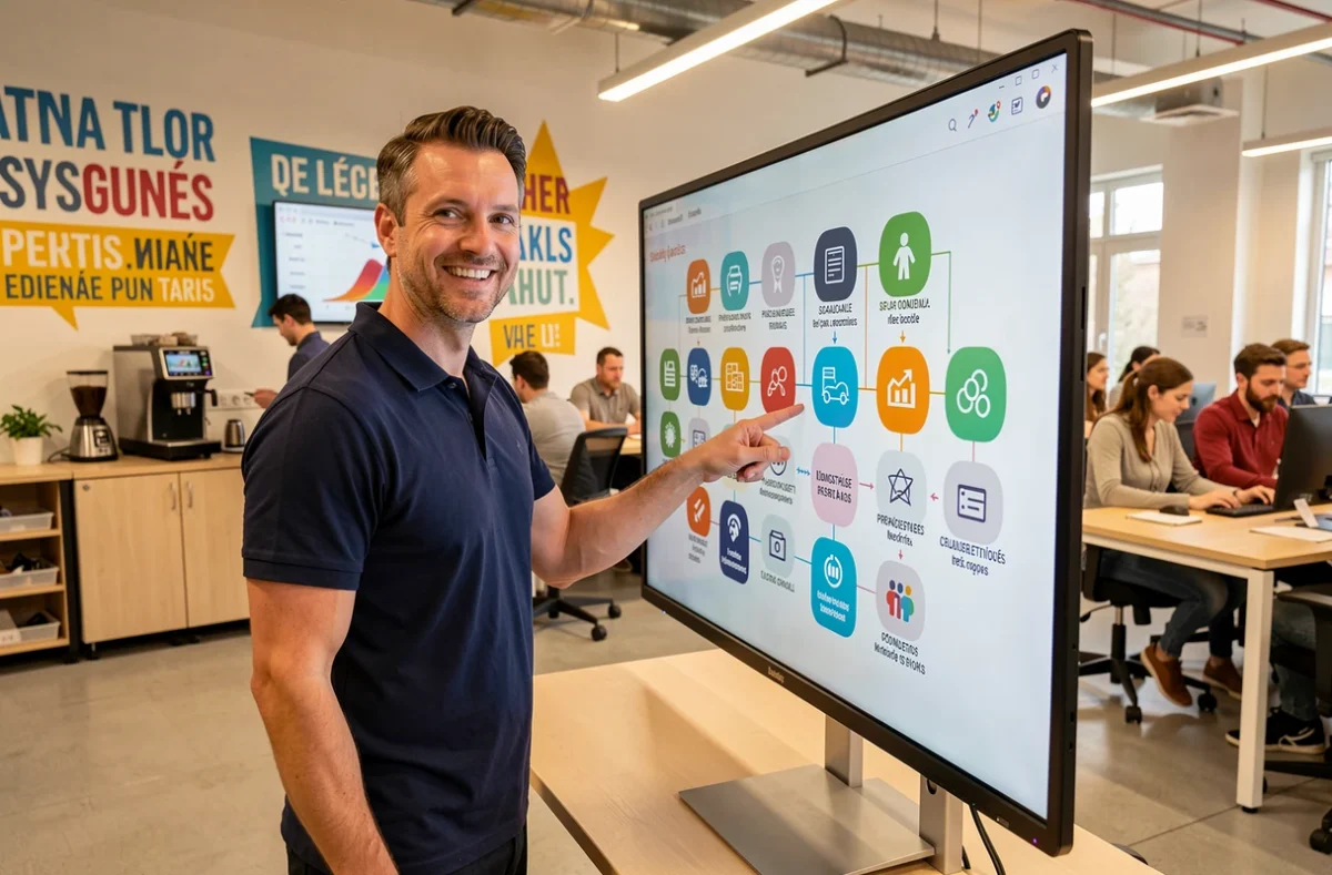 Formateur présentant un parcours professionnel polyvalent sur un tableau interactif dans un espace de formation Forméa Formation