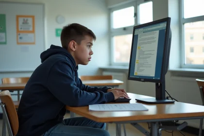 Garçon ado anxieux devant son ordinateur pour l'examen