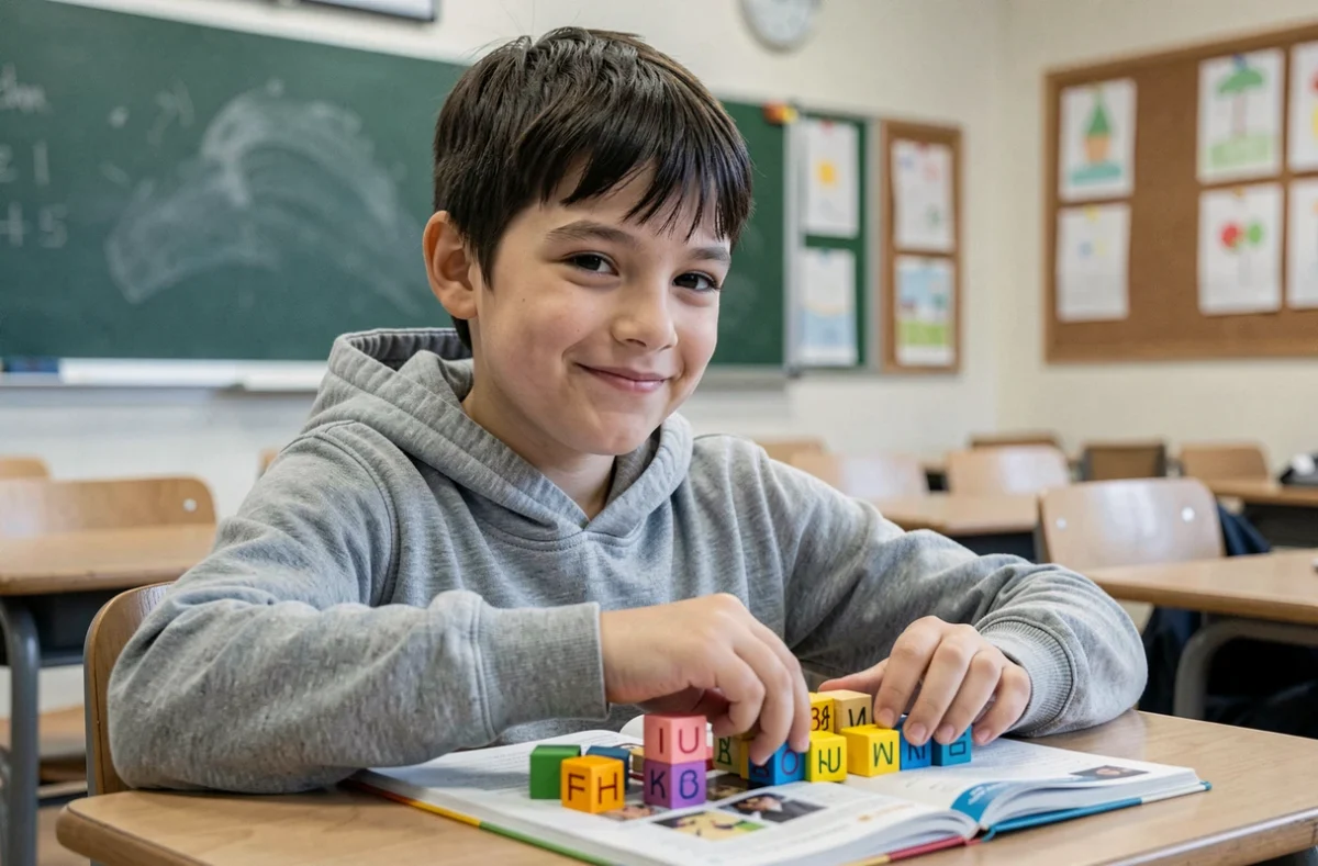 Garçon souriant qui utilise des cubes en bois colorés pour mémoriser la table de 8 dans une salle de classe réaliste