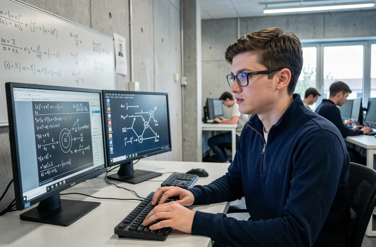 Un étudiant de Grenoble INP-Ensimag travaille sur des algorithmes mathématiques devant un poste informatique double écran