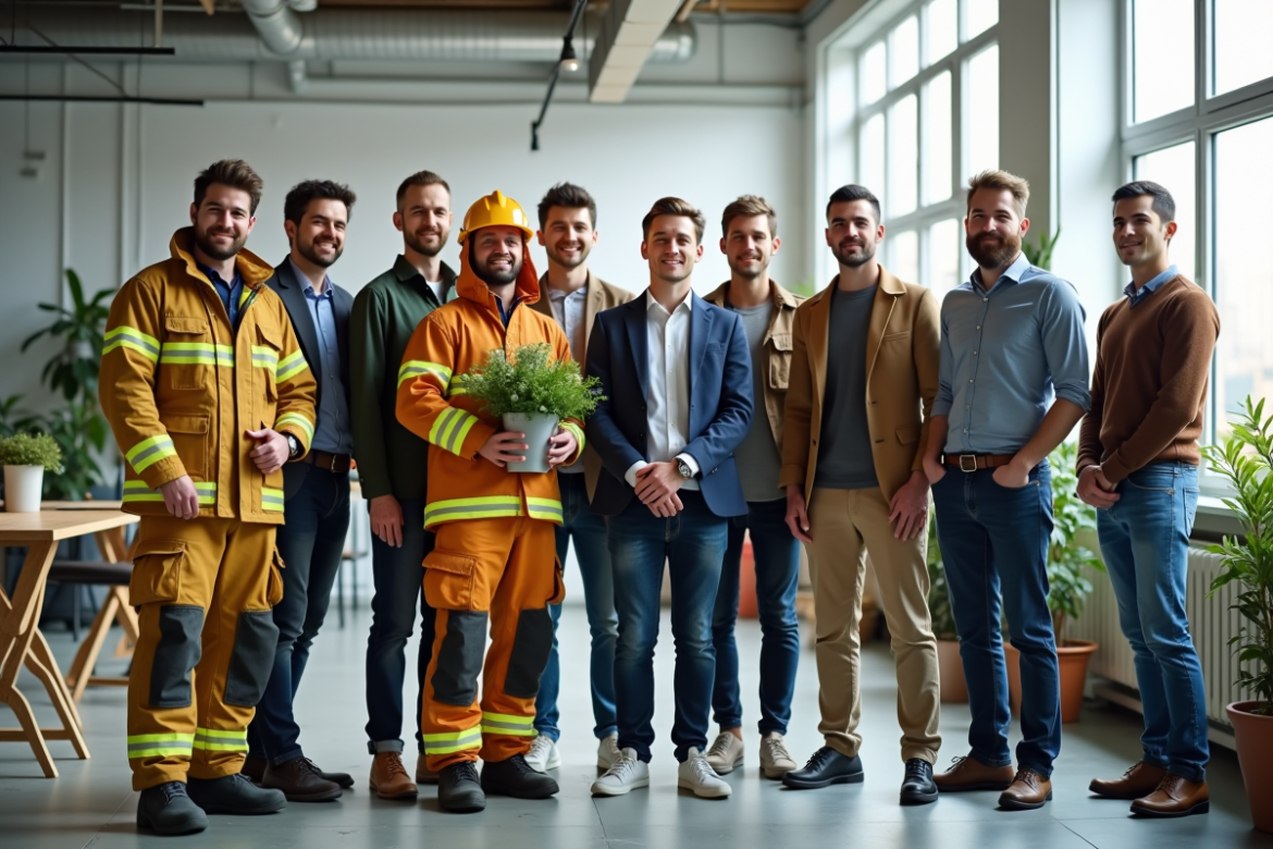 Groupe de professionnels aux métiers commençant par F dans un espace lumineux